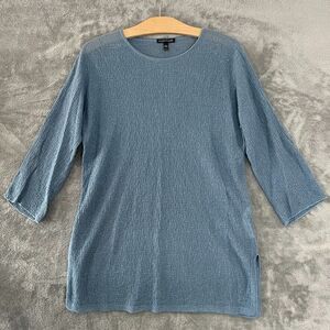 Eileen Fisher 100% Organic Linen Thin Loose Knit Tunic Top Blue Oversized Sz XXS